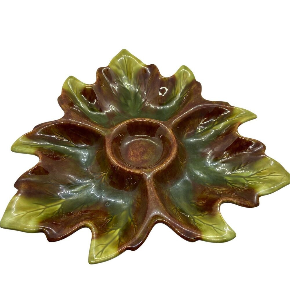 Veggie Platter Snack Tray Vintage 1964 Handmade Brown Green Leaf Shape Retro